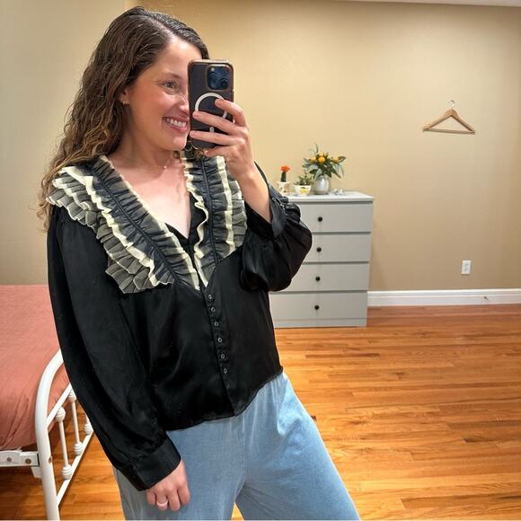 THE GREAT. Black White Ruffled Tuxedo Blouse Top 2 Medium - Picture 2 of 16